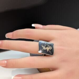 Vintage Siam Niello Thailand Black Enamel Sterling Silver Adjustable Ring